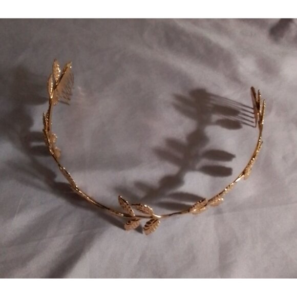 Gold Tone Leaf Bridal Formal Headband With Side Combs - Picture 3 of 4